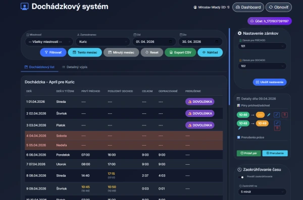 VILKA Access - správa inteligentného prístupu TTlock - prehľadný kalendár + dochádzka 2